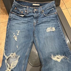 Distressed Blue Denim Jeans - Ripped Knee Detail